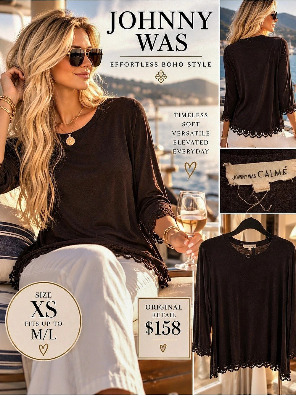 Johnny Was Black Long Sleeve Tunic Size XS